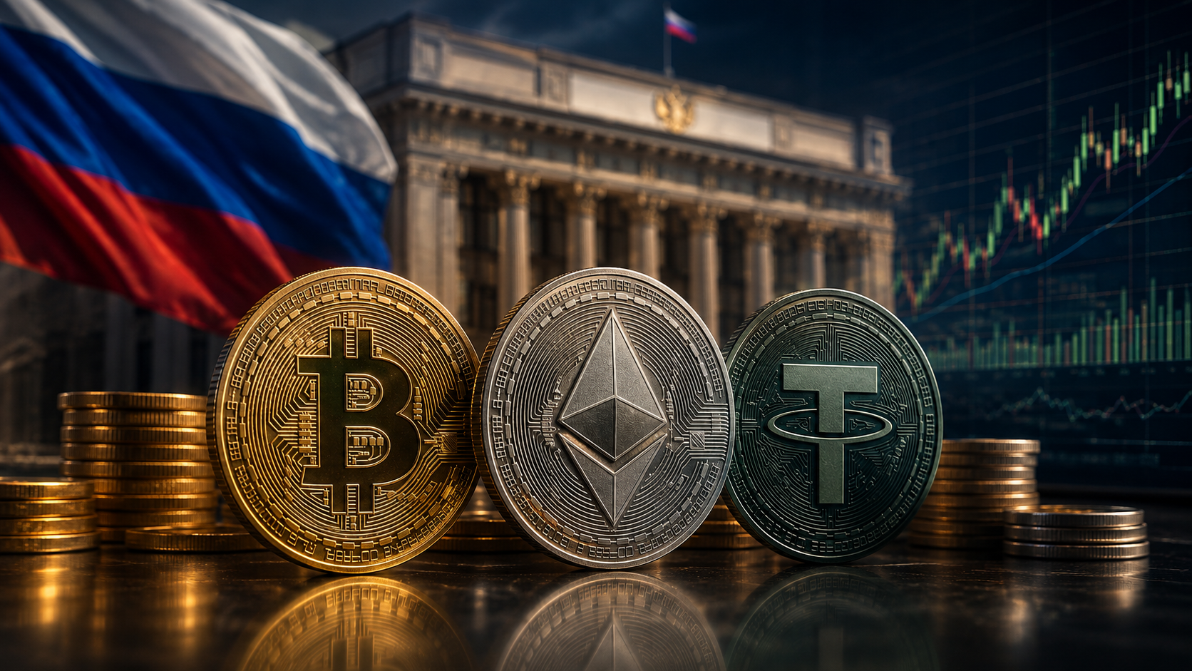 Rusya kripto düzenlemesi kapsamında Bitcoin, Ethereum ve Tether temsili görseli